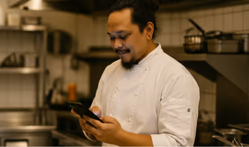 Chef in white uniform smiling while looking at a smartphone in a professional kitchen.