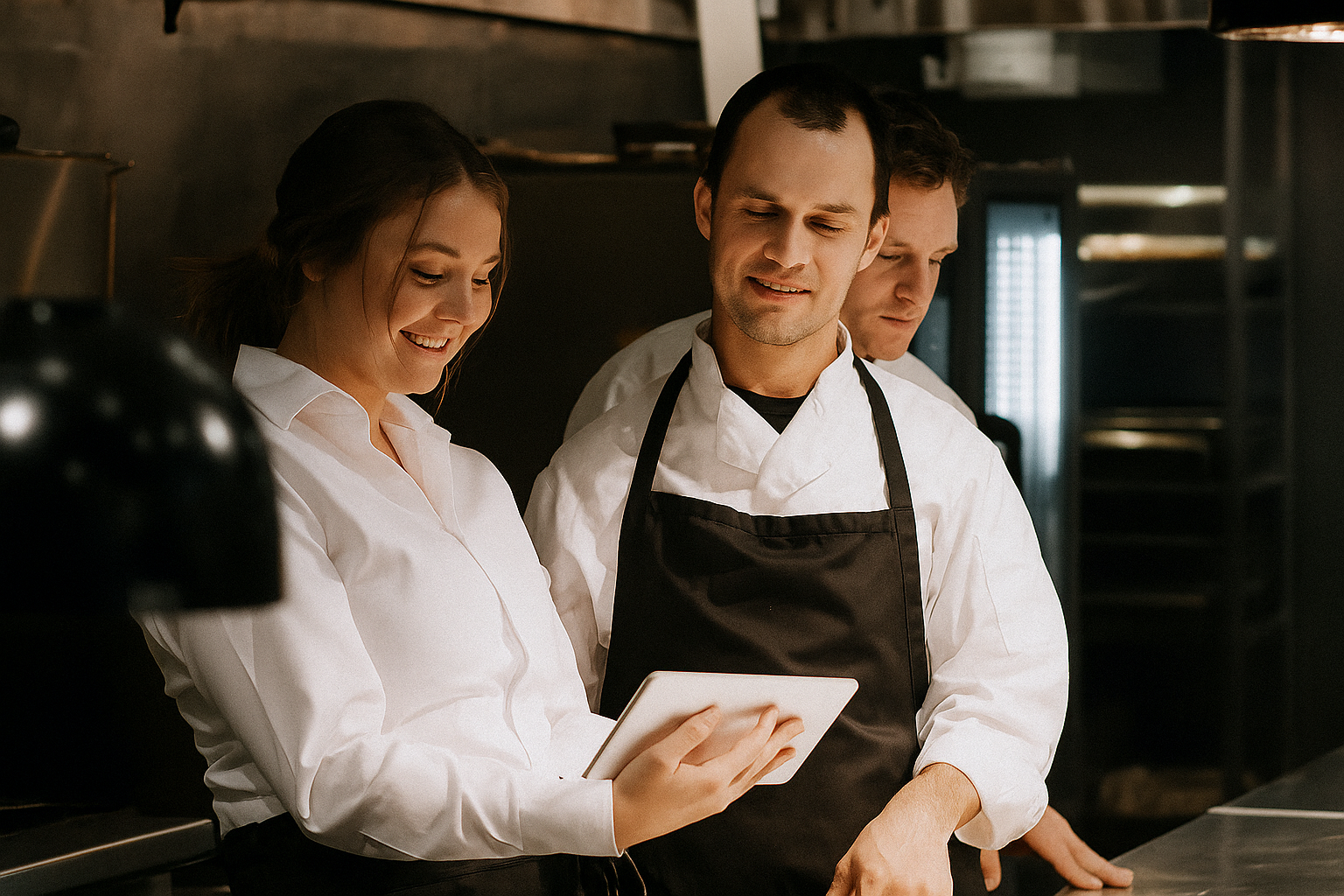 Three chefs in white uniforms and black aprons looking at a tablet and smiling in a professional kitchen.