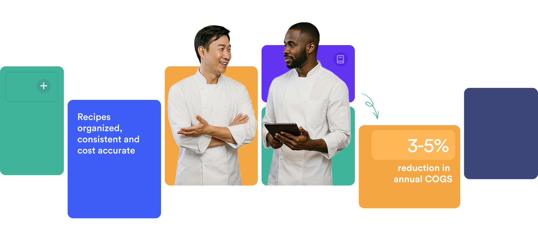 One chef talking to another chef holding an ipad