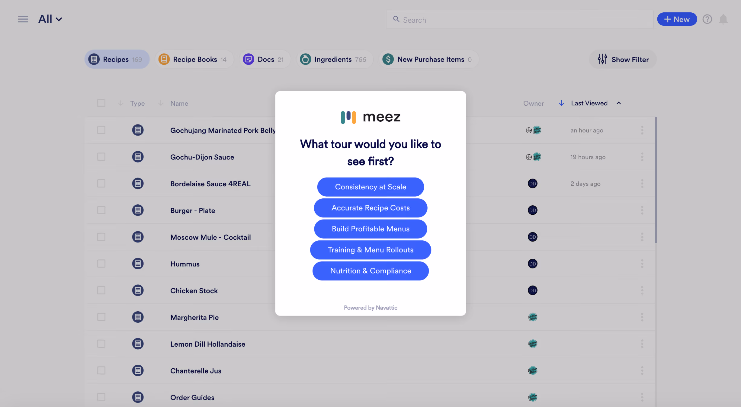 Popup on meez app asks user to choose a tour: Consistency, Costs, Menus, Training, or Nutrition.