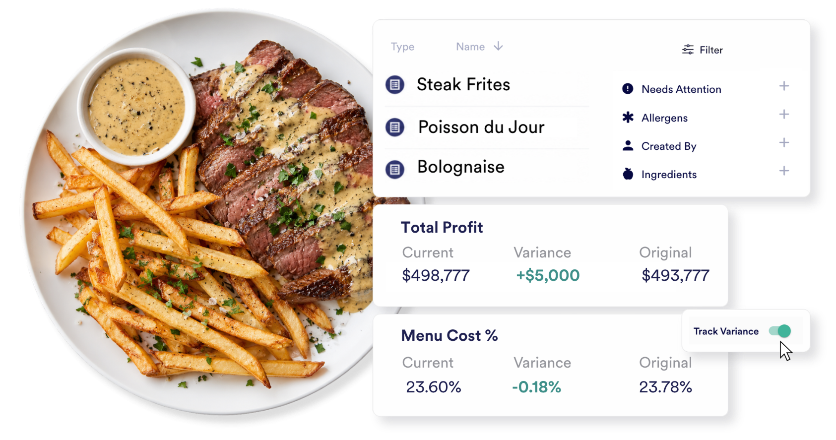 Chef stirring a pan and a chart showing invoice cost categories