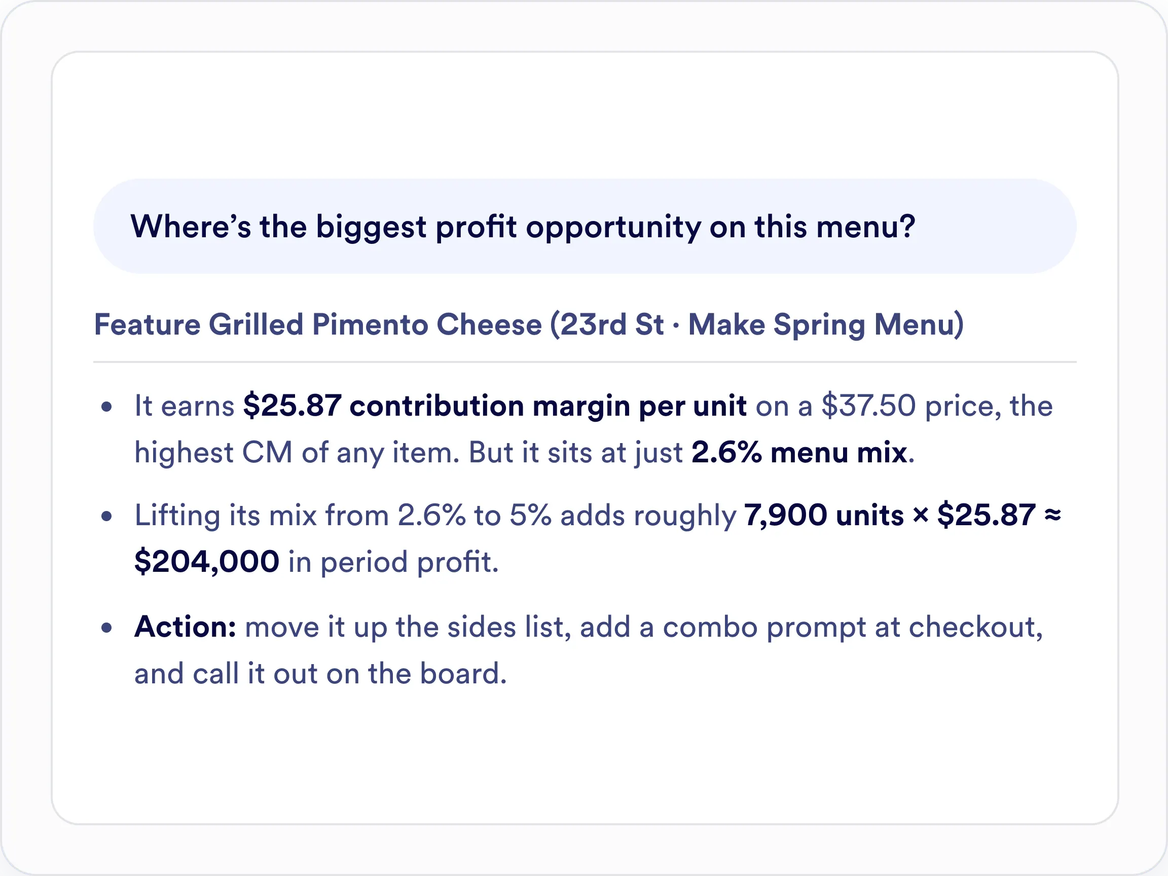 Dashboard showing financial summary for a sandwich menu at 14th Street from Jan 1 to May 31, 2026, with menu cost 30.9%, total revenue $687,025, and total profit $474,666. It lists top 10 ingredients by percentage of total food cost, highlighting cream cheese at 29.0% ($61,619, 12,177.69 lb), beef tri-tip at 7.7% ($16,334, 2,516.77 lb), and Parmigiano Reggiano at 5.4% ($11,410, 815.02 lb), with a link to see more.
