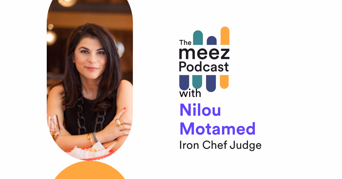 Rectangle with a white background and a photo of Iron Chef Nilou Motamed