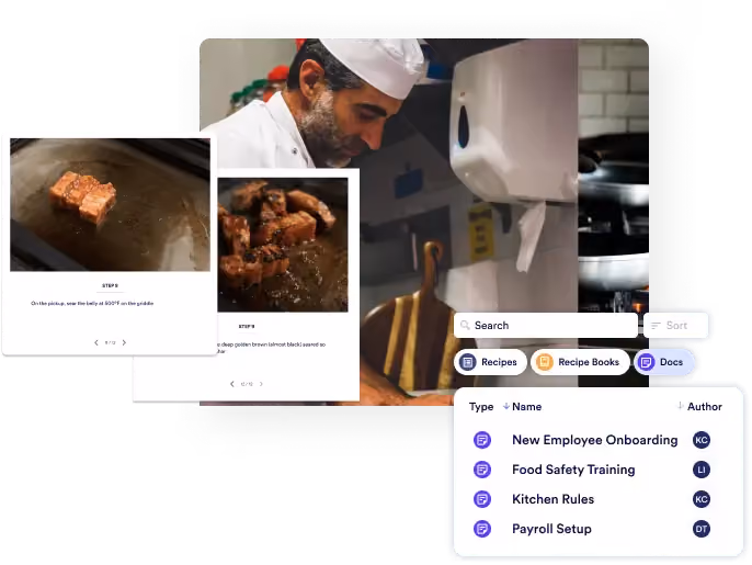 Photo of chef in kitchen with meez kitchen training UI floating around it