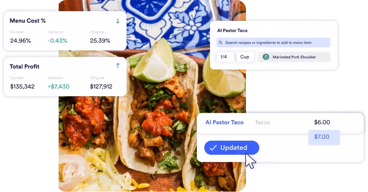 Photo of a taco with UI of meez costing software floating