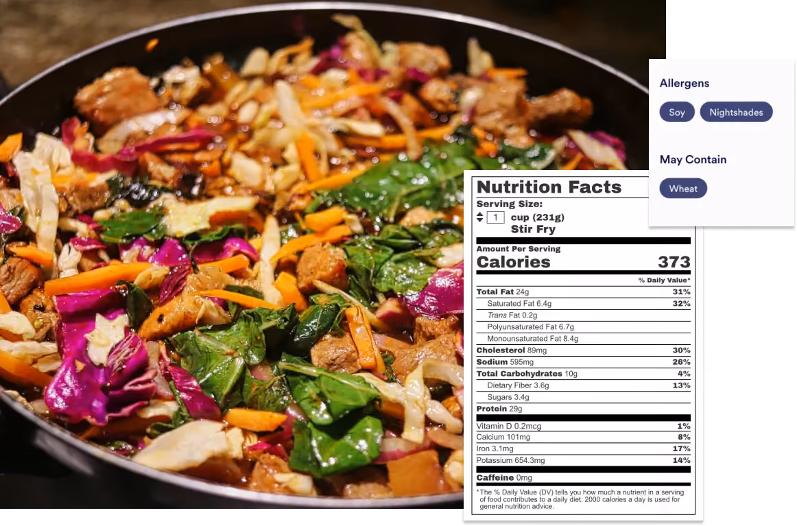 Photo of stir fry with nutrition floating around it