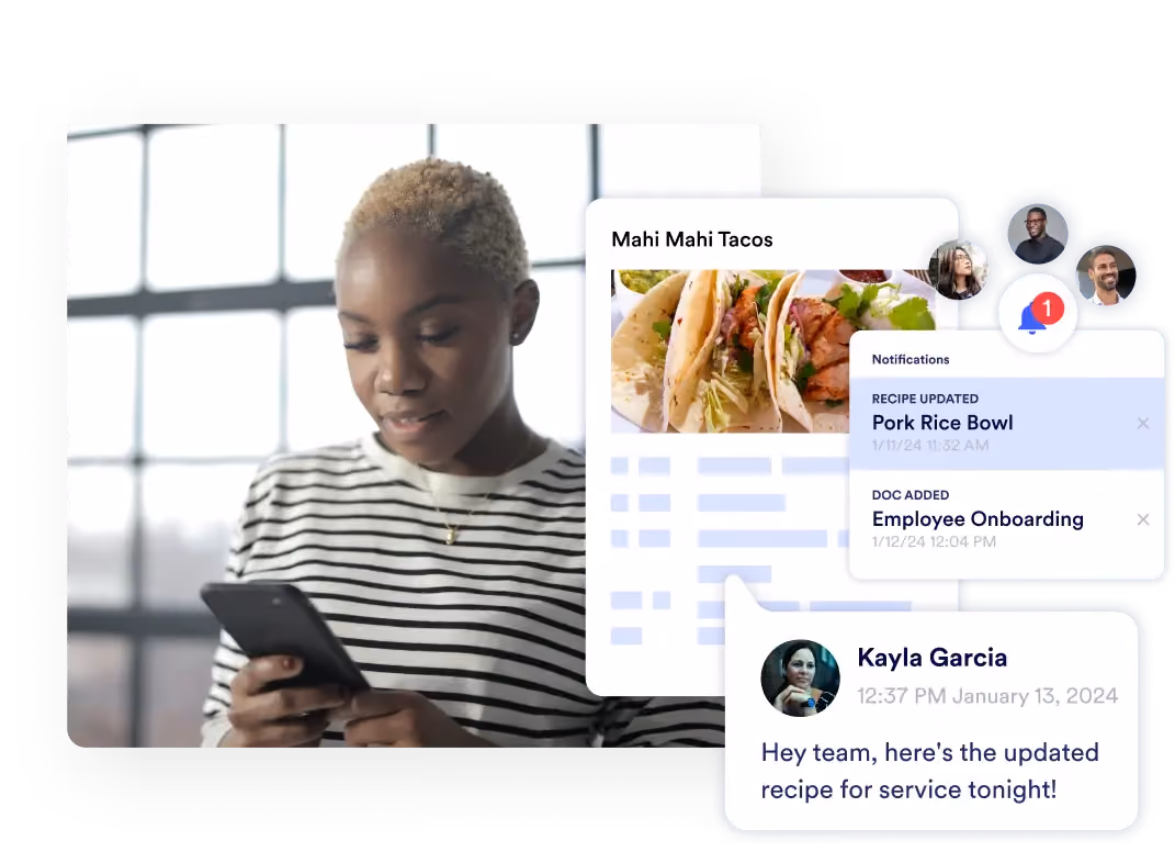 Woman looking at phone with meez update UI floating around her