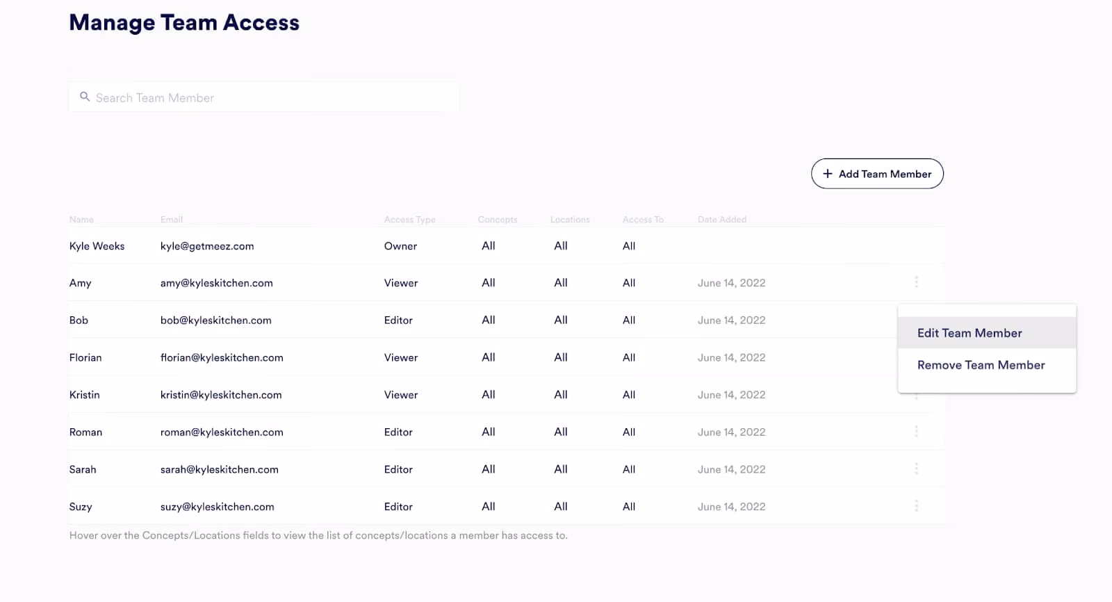 Manage team page