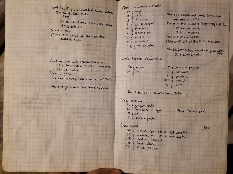 notebook with recipes & cooking procedures