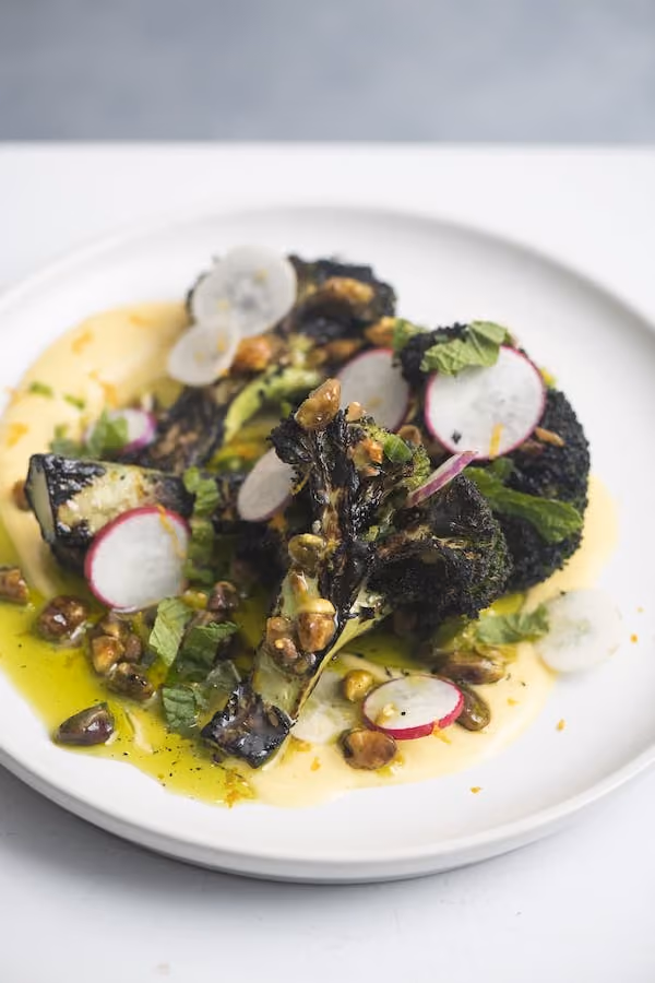 wood grilled broccoli salad w/ orange, pistachios & mint
