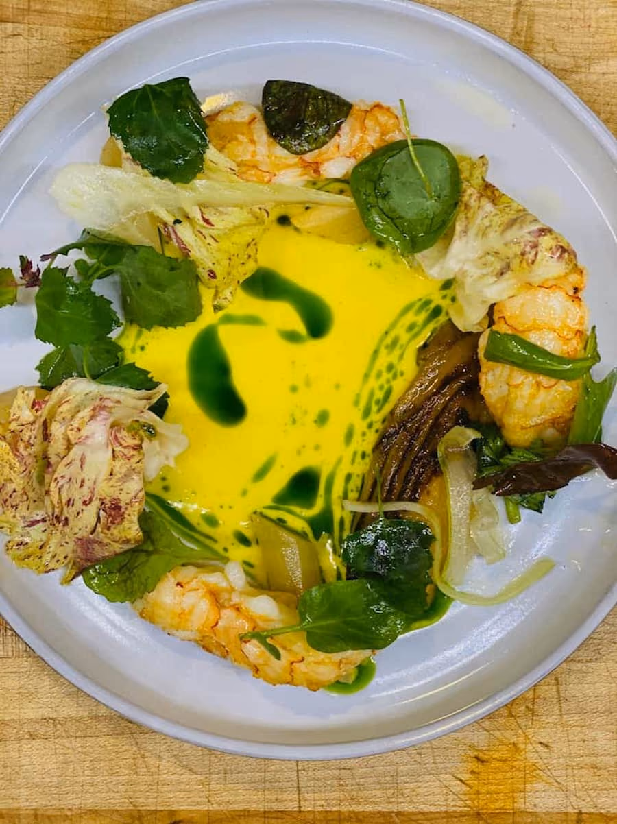 warm salad with langoustine, salsify & barigoule beurre blanc