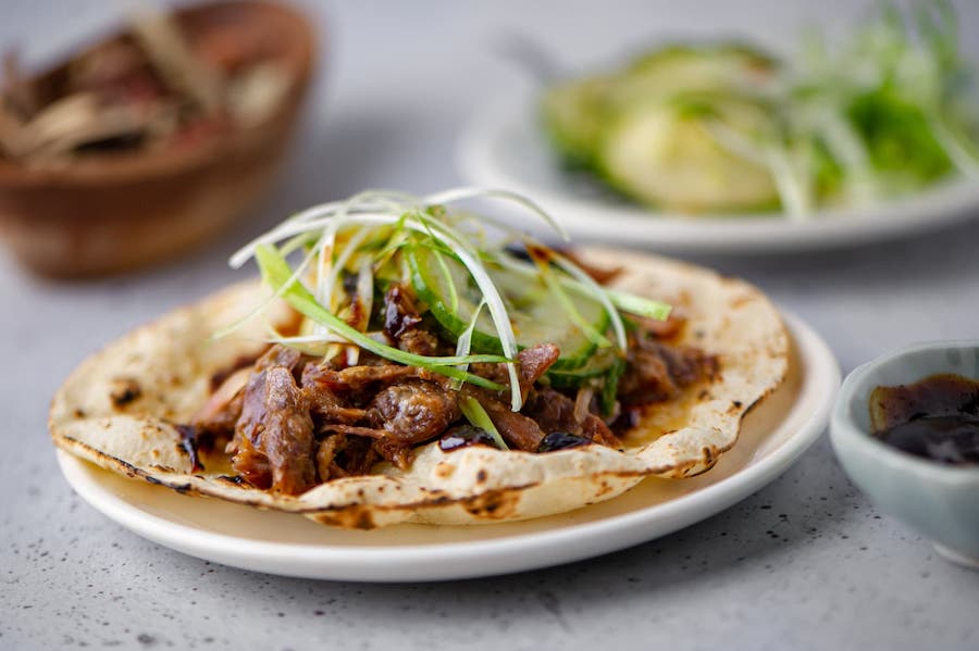 peking duck taco w/ scallions, cucumber salad & hoison