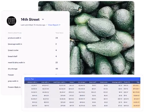 Photo of avocados with meez inventory software UI floating around it