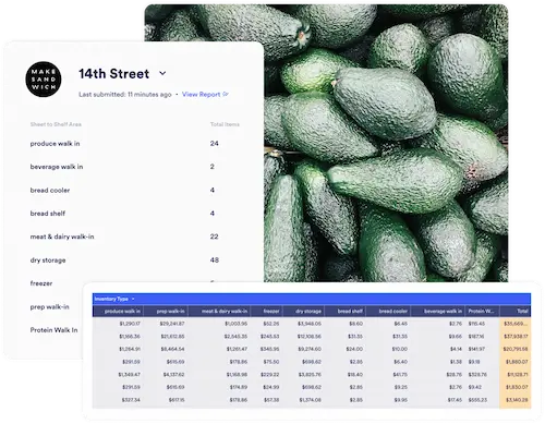 Photo of avocados with meez inventory software UI floating around it