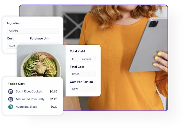 Woman looking at an ipad and product image showing the total yield, total cost, and cost per portion for a recipe