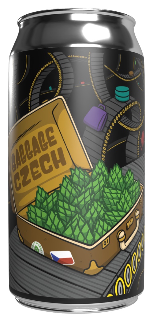 Shiny beer can with whimsical, in-your-face artwork