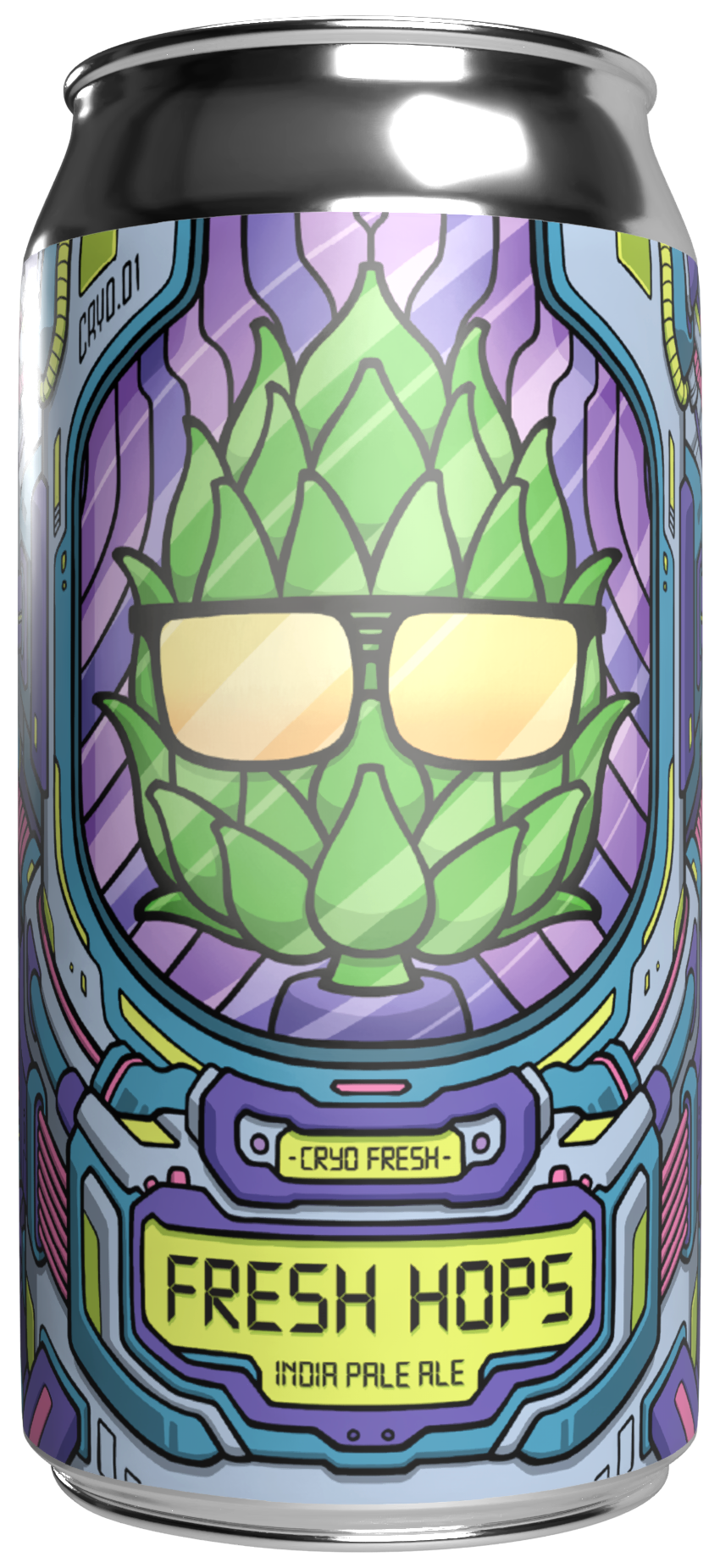 Shiny beer can with whimsical, in-your-face artwork