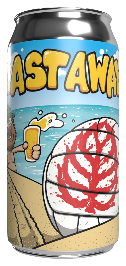 Shiny beer can with whimsical, in-your-face artwork
