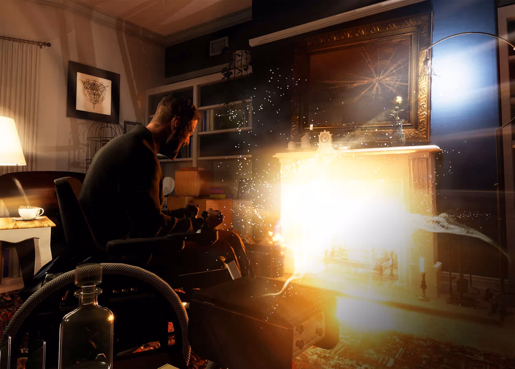 a man in a wheelchair looking at a fireplace