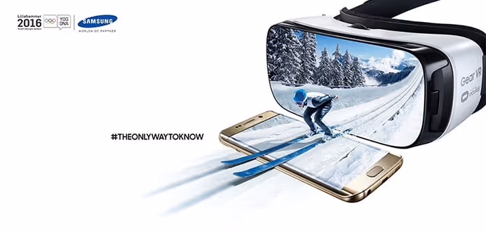 a virtual reality headset with a person skiing on a smartphone