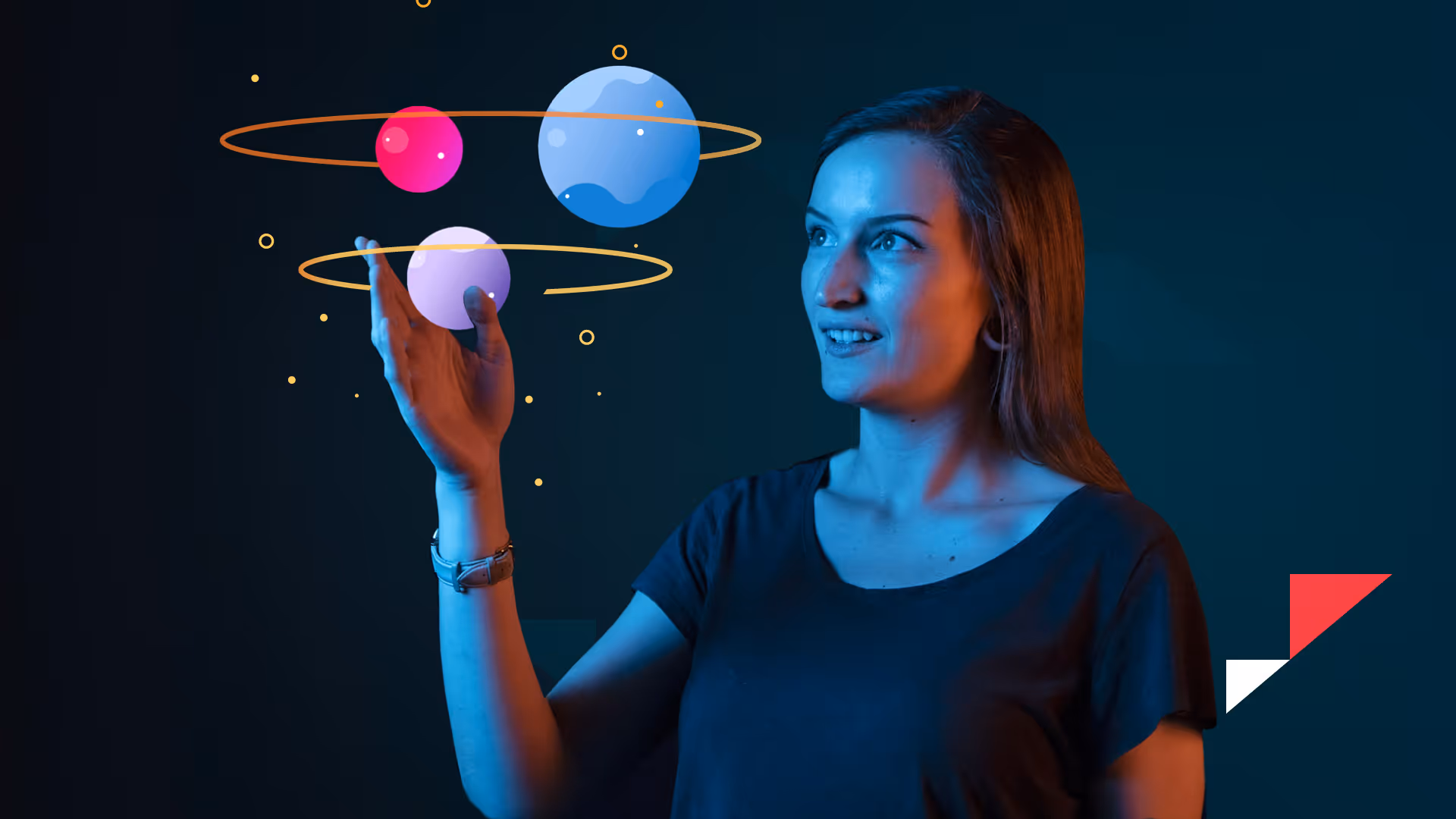 a woman touching a screen with planets
