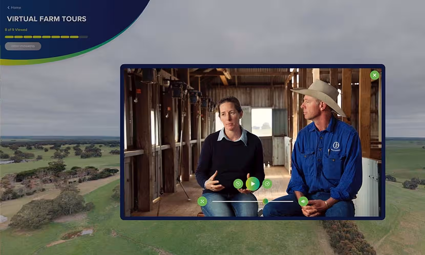 Virtual Farm Tours interface showing an aerial view of farmland with an embedded video of a woman and man in a wool shed being interviewed, with playback controls and a progress tracker showing 8 of 9 tours viewed.