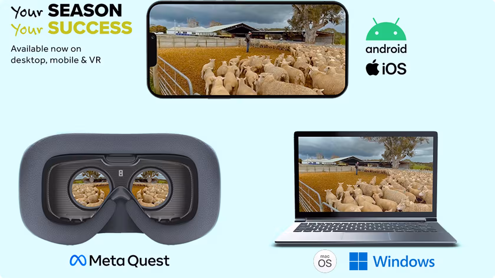 Promotional graphic for the Your Season, Your Success app showing it running across an iPhone, laptop and Meta Quest VR headset, with Android, iOS, macOS and Windows platform icons.