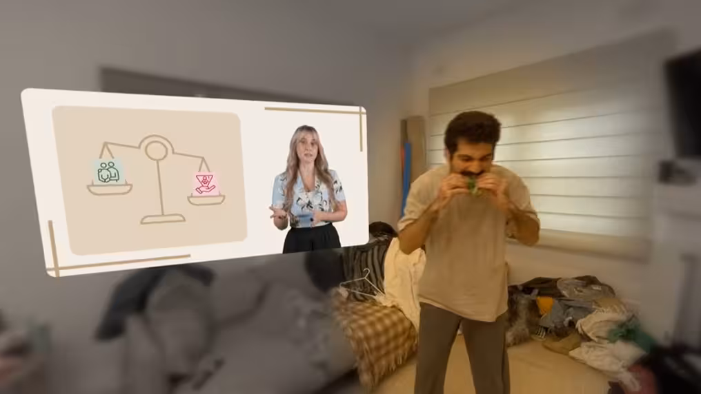First-person VR view of a man eating messily in a cluttered, untidy bedroom, with an instructional video panel showing a presenter and a scale icon comparing two options.