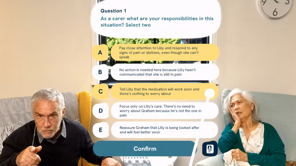 VR training scenario showing an elderly man pointing and an elderly woman resting her head on her hand, with a multiple-choice quiz overlay asking 'As a carer what are your responsibilities in this situation? Select two,' with answer options A through E.
