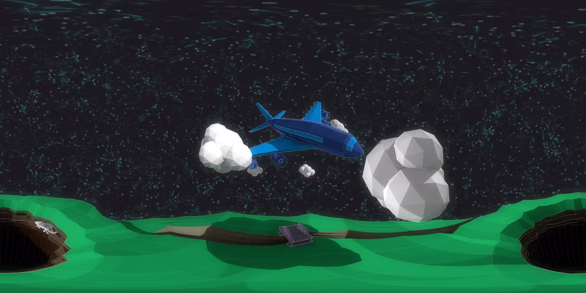 360-degree animated VR scene of a low-poly blue airplane flying through a starry night sky above a green landscape with dark cave-like openings and low-poly cloud shapes.