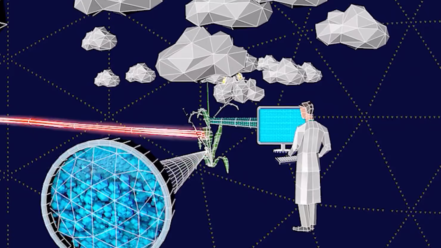 Animated illustration of a neutron beam from a spherical reactor core passing through low-poly clouds toward a scientist in a lab coat viewing data on a monitor, set against a dark blue grid background.