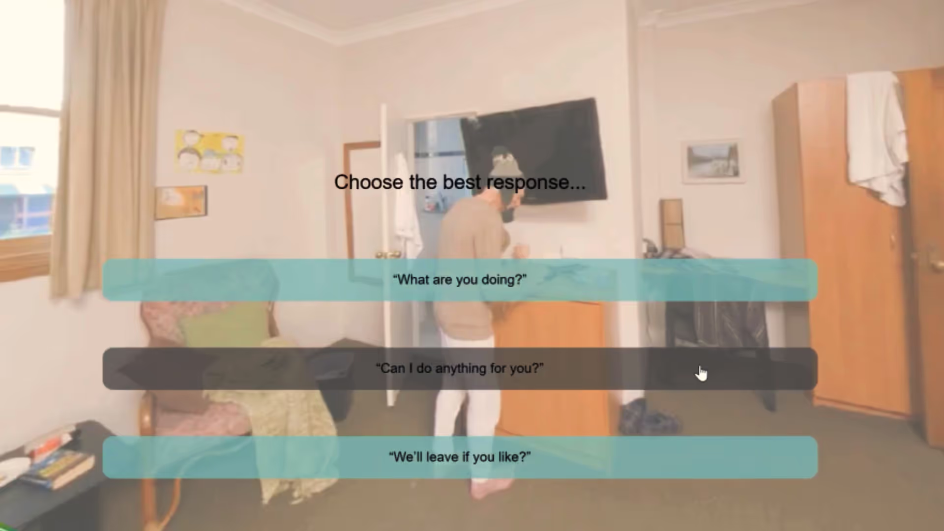 E-learning scenario screen asking "Choose the best response..." with three dialogue options for interacting with an elderly resident.