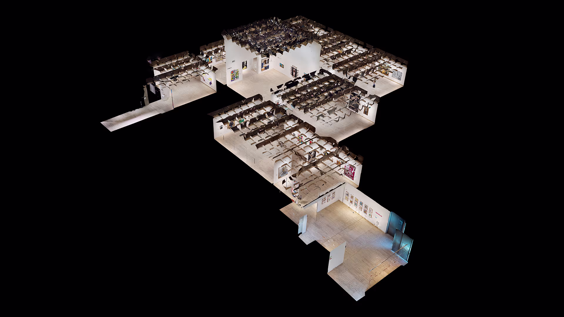 3D dollhouse-view floor plan of the Art Gallery of NSW Archibald Prize exhibition, showing the full gallery layout from above.