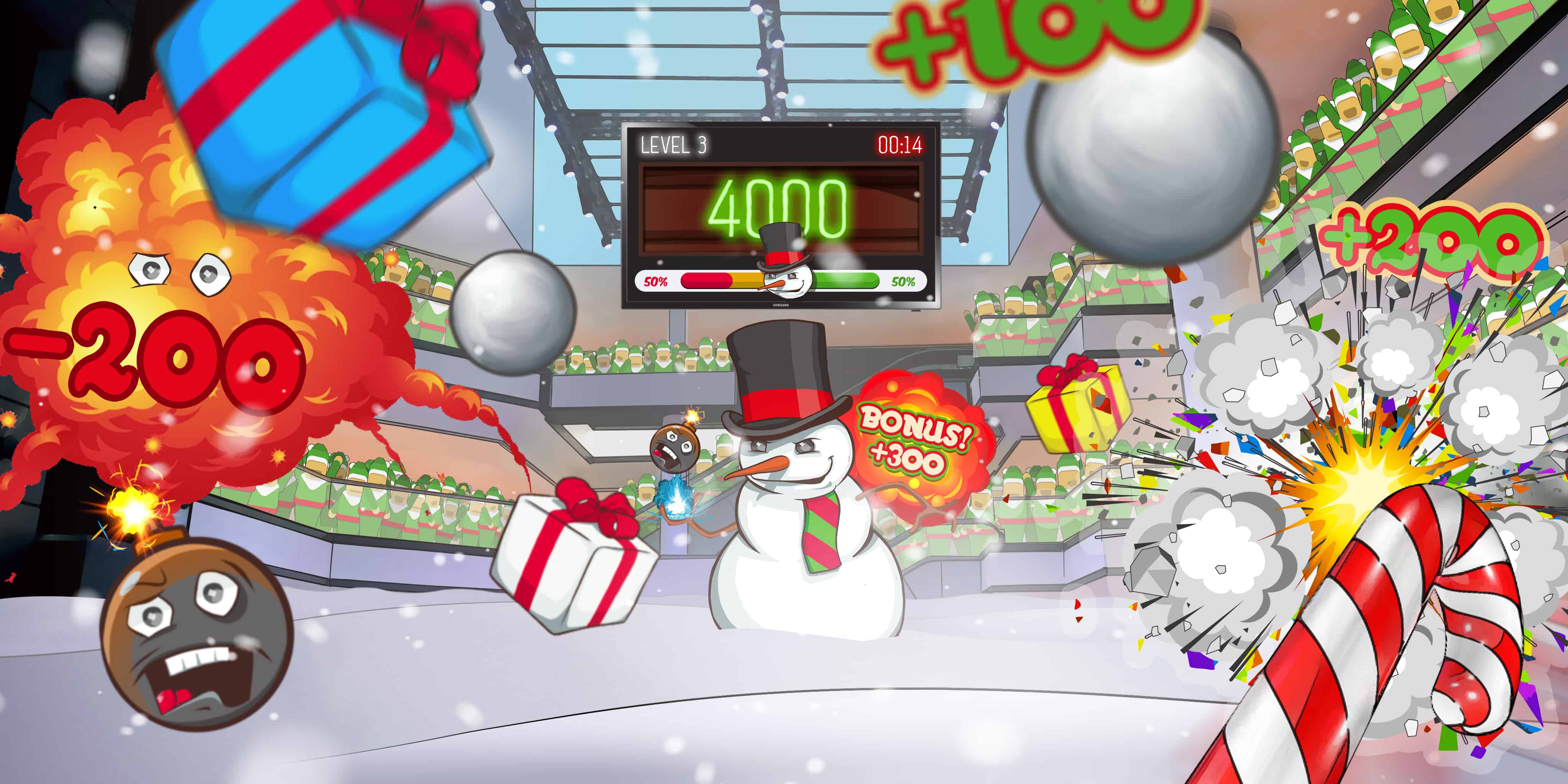 Cartoon VR game screen showing a snowman being hit with candy canes and gifts, with a Level 3 scoreboard and bonus point pop-ups.