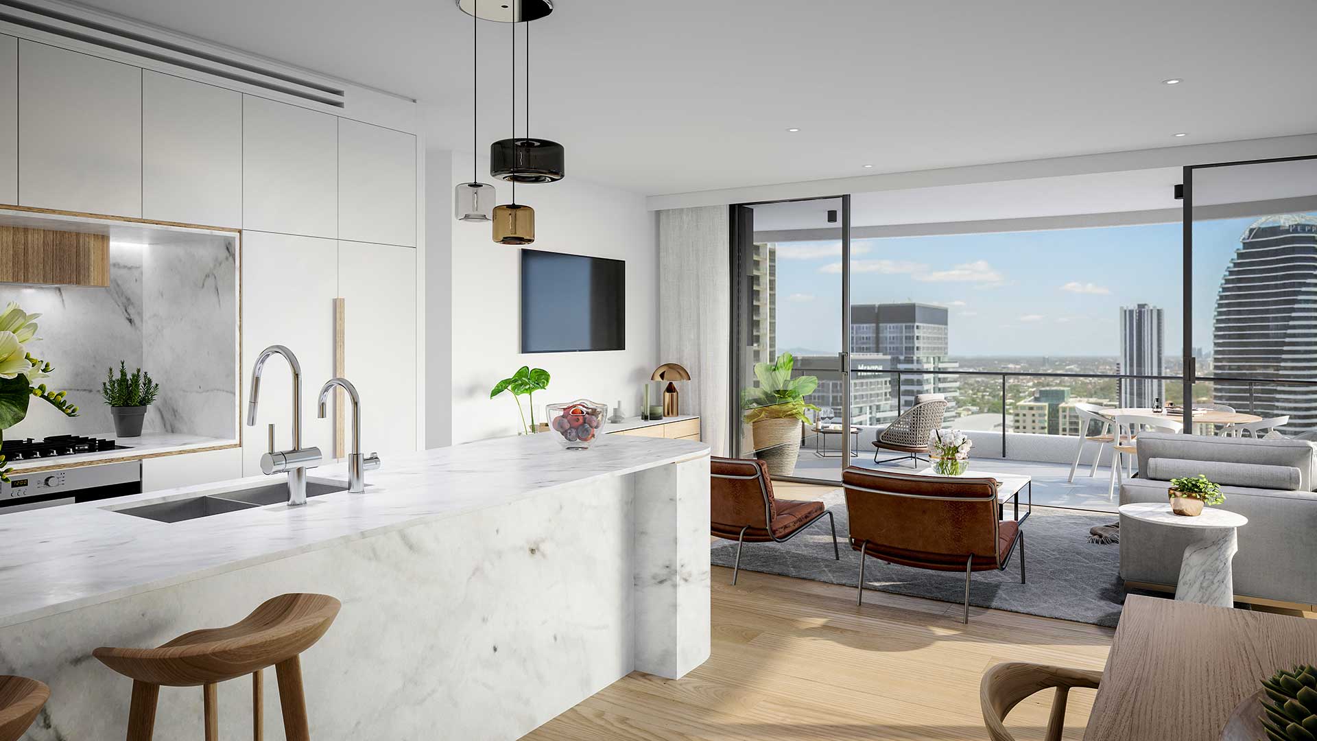 3D render of an Infinity apartment kitchen and living area with a marble island, wood cabinetry, and floor-to-ceiling views of the Gold Coast skyline.