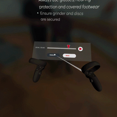VR headset view of a training video, with a playback slider, safety tips about eyewear and footwear, and Menu and Quiz buttons.