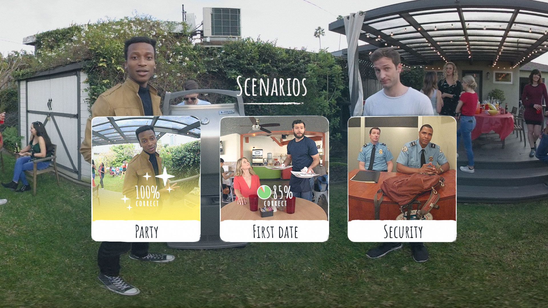 VR scenario selection screen showing 'Party', 'First Date' and 'Security' social situations for SocialWise VR emotional intelligence training