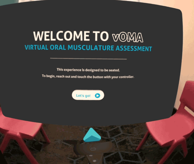 VR welcome screen for VOMA (Virtual Oral Musculature Assessment), instructing the user to reach out and touch the "Let's go!" button.