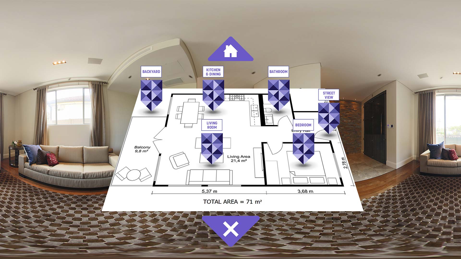 360° living room view with an interactive floor plan overlay, listing room labels like Kitchen & Dining, Bathroom, Bedroom, and total area of 71m².