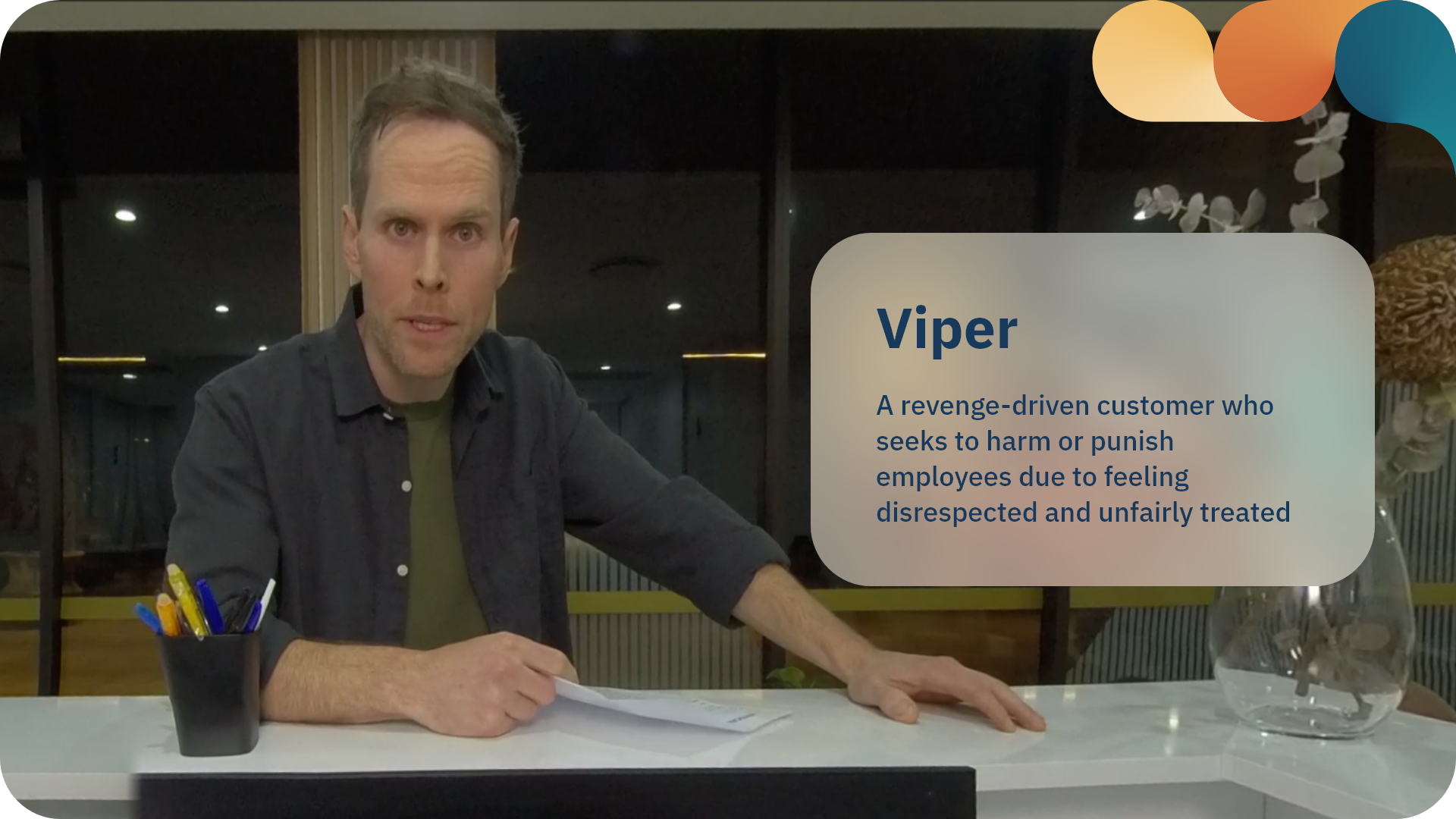 Video profile card describing the "Viper" customer archetype as revenge-driven, seeking to harm or punish employees.