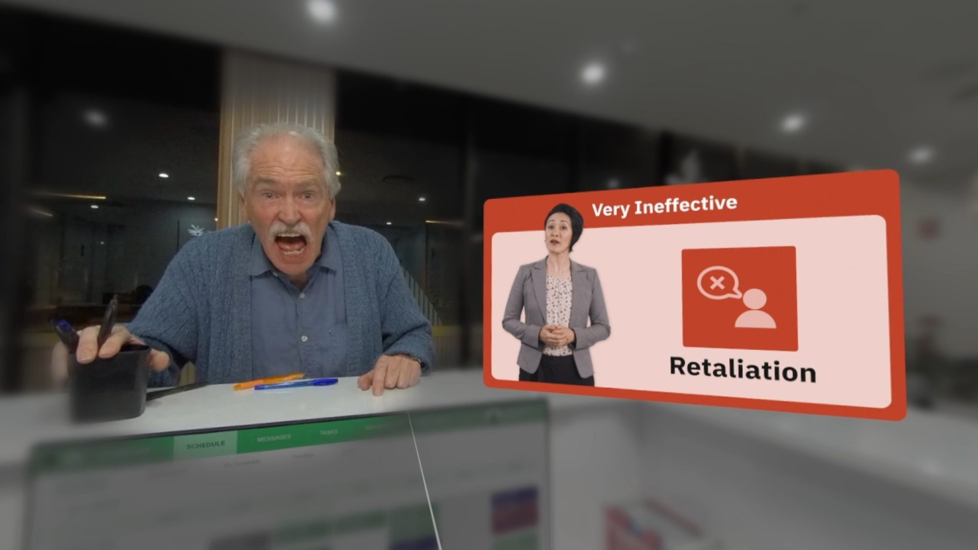 VR training scene showing an angry customer at a desk, with a feedback panel rating a "Retaliation" response as "Very Ineffective."