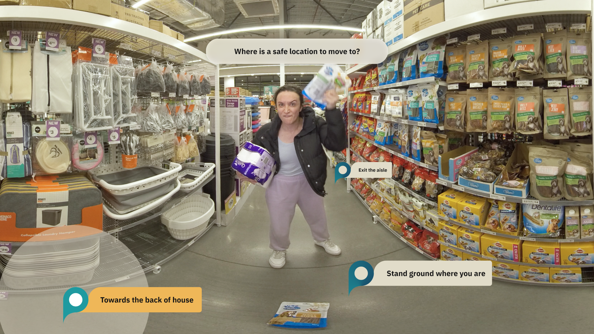 VR training scene in a retail aisle showing an agitated woman holding products, with a decision prompt "Where is a safe location to move to?" and selectable location markers.