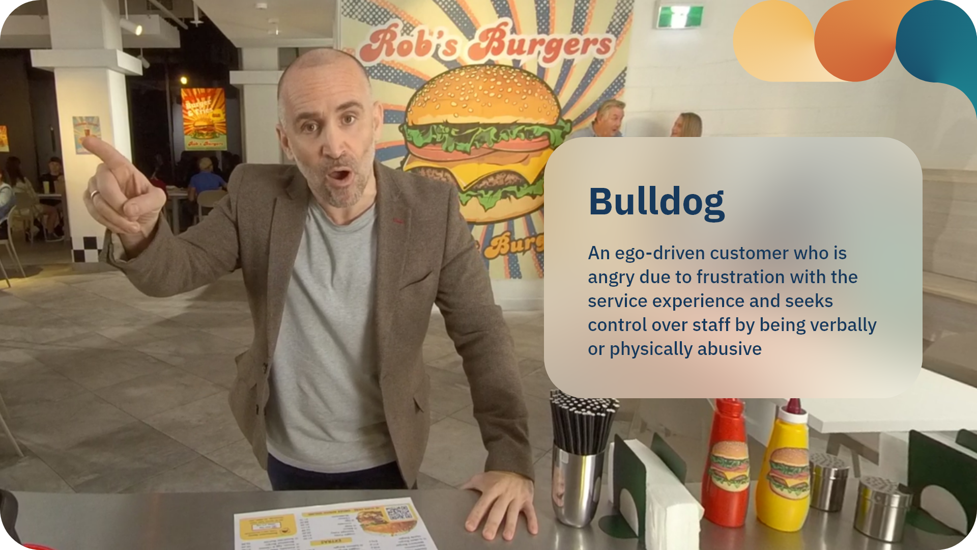 Video profile card describing the "Bulldog" customer archetype as ego-driven and angry, seeking control through abusive behavior.