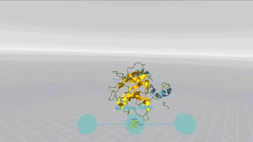 Animated 3D protein ribbon model in a VR scene, colored blue and yellow, hovering above two connected teal marker spheres on the floor.