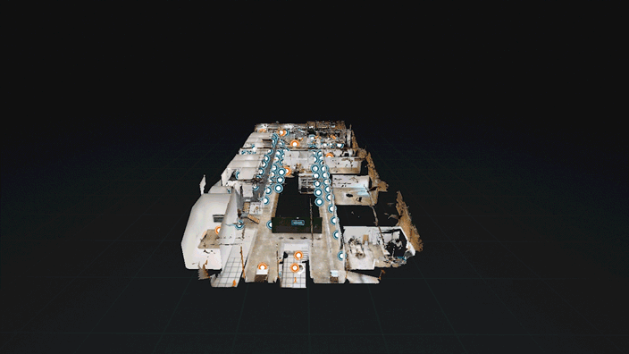 Animated 3D dollhouse-view floor plan of the Workit Spaces office, showing the full multi-room layout with virtual tour navigation points.