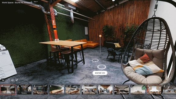 Animated Matterport tour of the Workit Spaces mezzanine breakout area with a hanging egg chair and lounge seating.