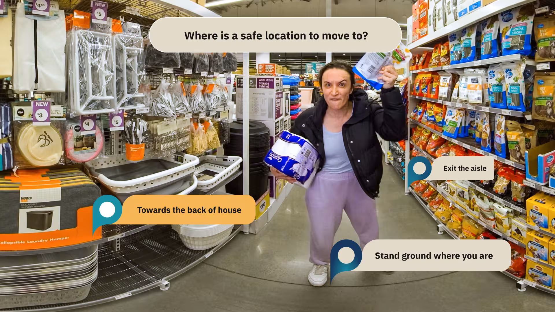 VR retail training scenario showing an avatar in a store aisle with wayfinding prompts for frontline customer conflict training
