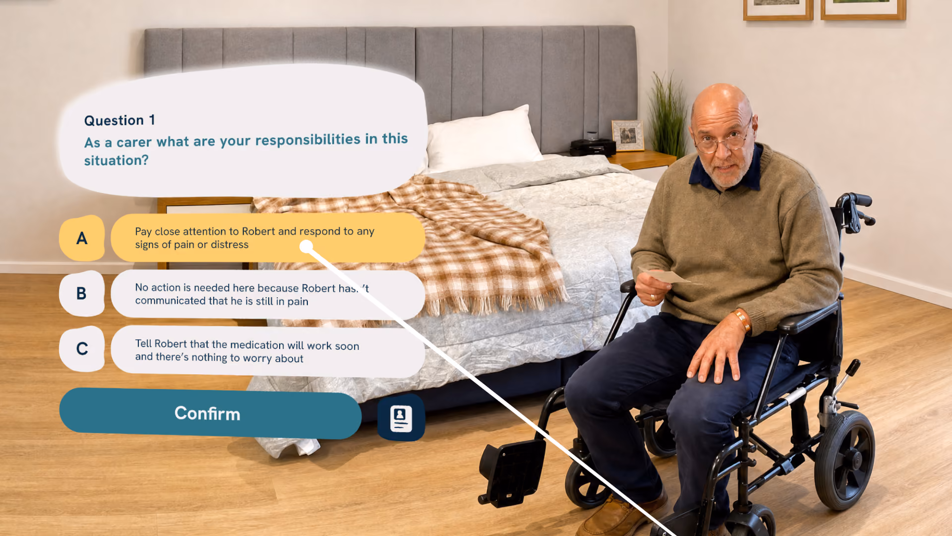 VR support worker training scenario showing a multiple-choice question about caring for an elderly resident in a wheelchair