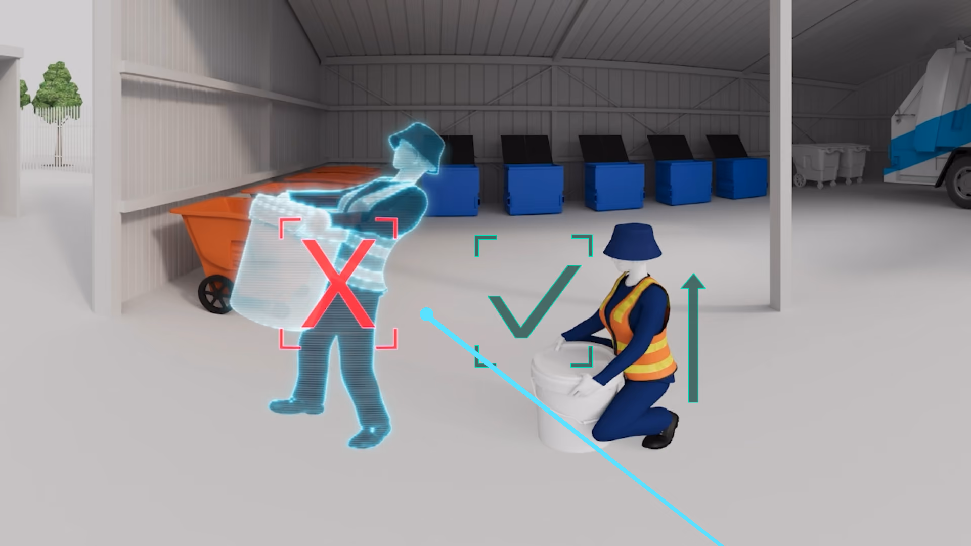 VR manual handling training scenario showing correct and incorrect trolley pushing technique with assessment icons in a warehouse