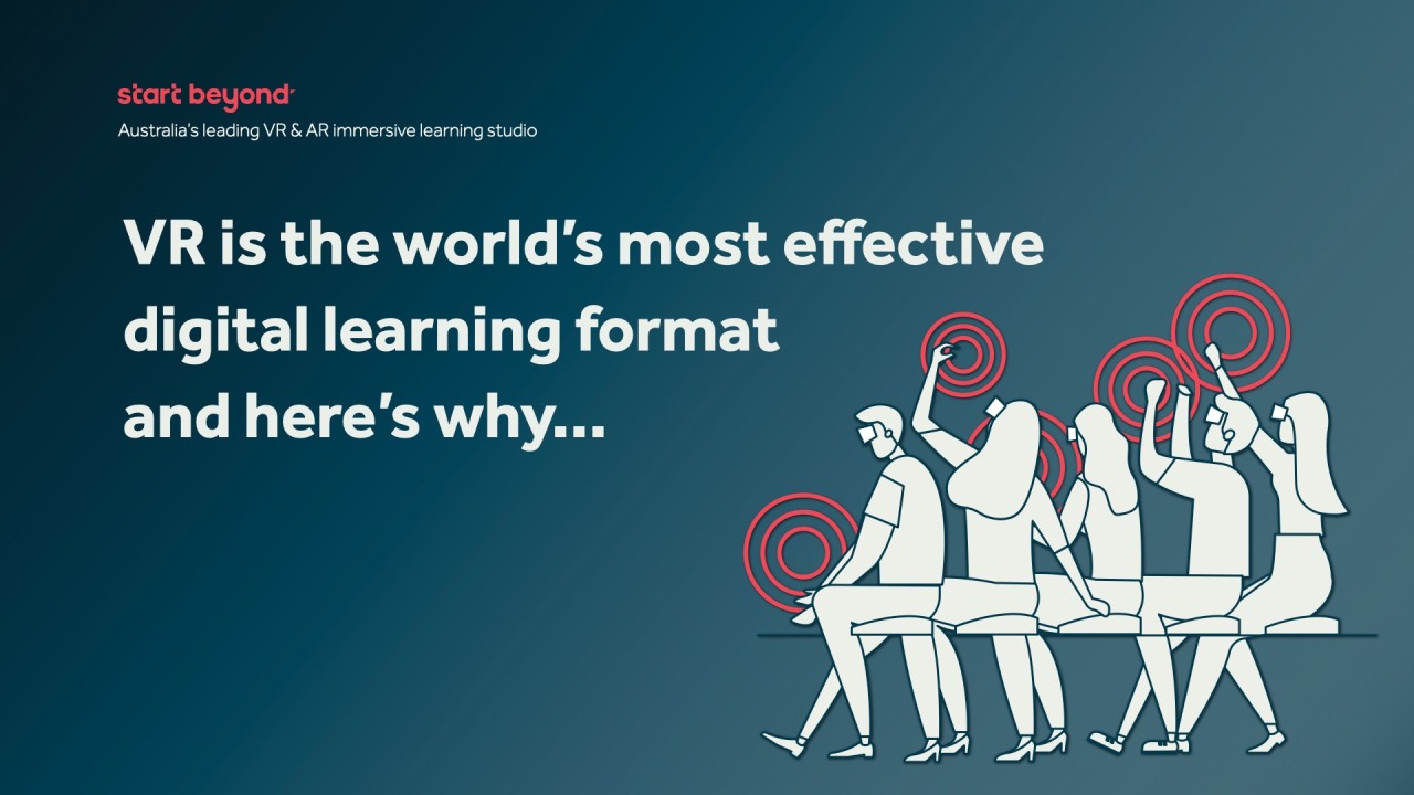 "VR is the world's most effective digital learning format, and here's why..." — illustration of a group holding up VR controllers.
